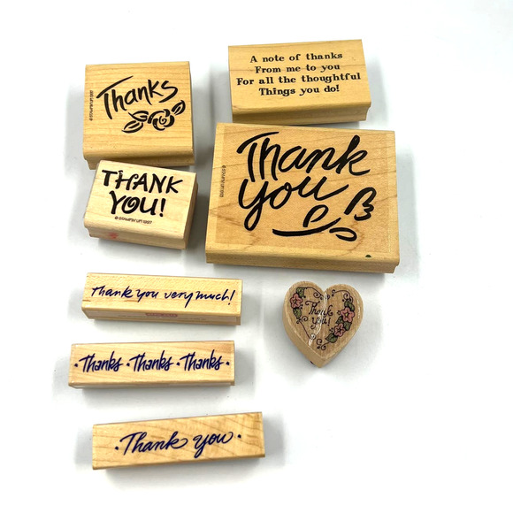 Vintage Lot 8 Piece Rubber Stamps Thank You Theme Junk Journaling Stationary - Picture 1 of 9